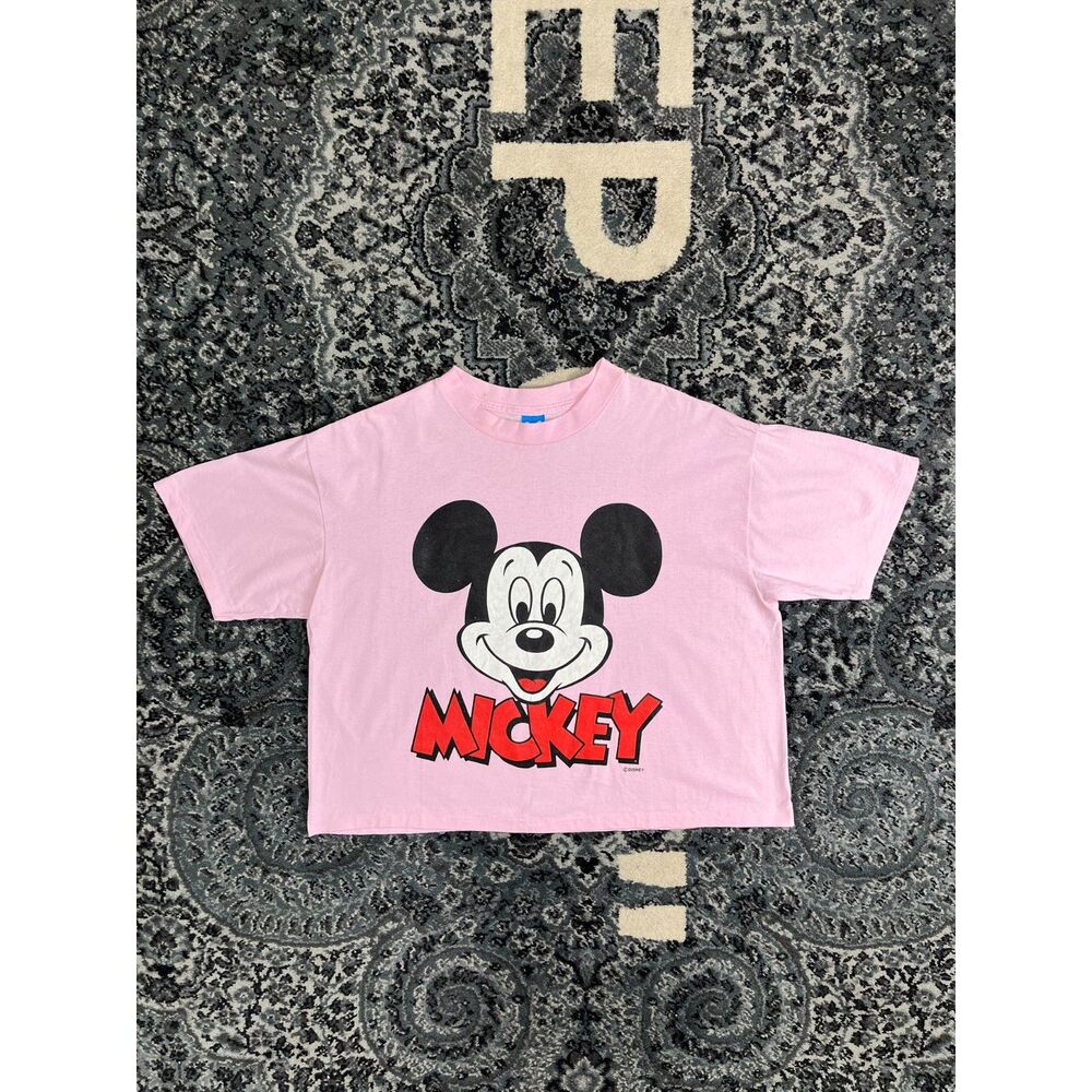 Vintage 80s Disney Mickey Mouse Crop tshirt Size Large Pink Made in USA